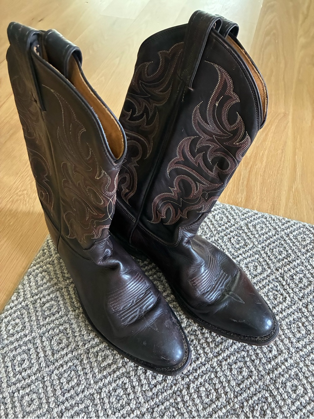 Tony Lama Dark Brown Leather Cowboy Boots with Embroidered Shaft